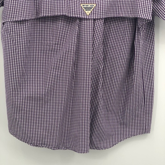 Columbia PFG Button Down Polo Shirt Short Sleeve Gigham Plaid Purple White Large - Picture 7 of 11